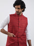 Men's Maroon And White Cotton Blend Jacket, Kurta And Pyjama Set