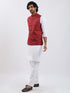 Men's Maroon And White Cotton Blend Jacket, Kurta And Pyjama Set