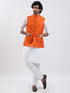 Men's Orange And White Cotton Blend Jacket, Kurta And Pyjama Set