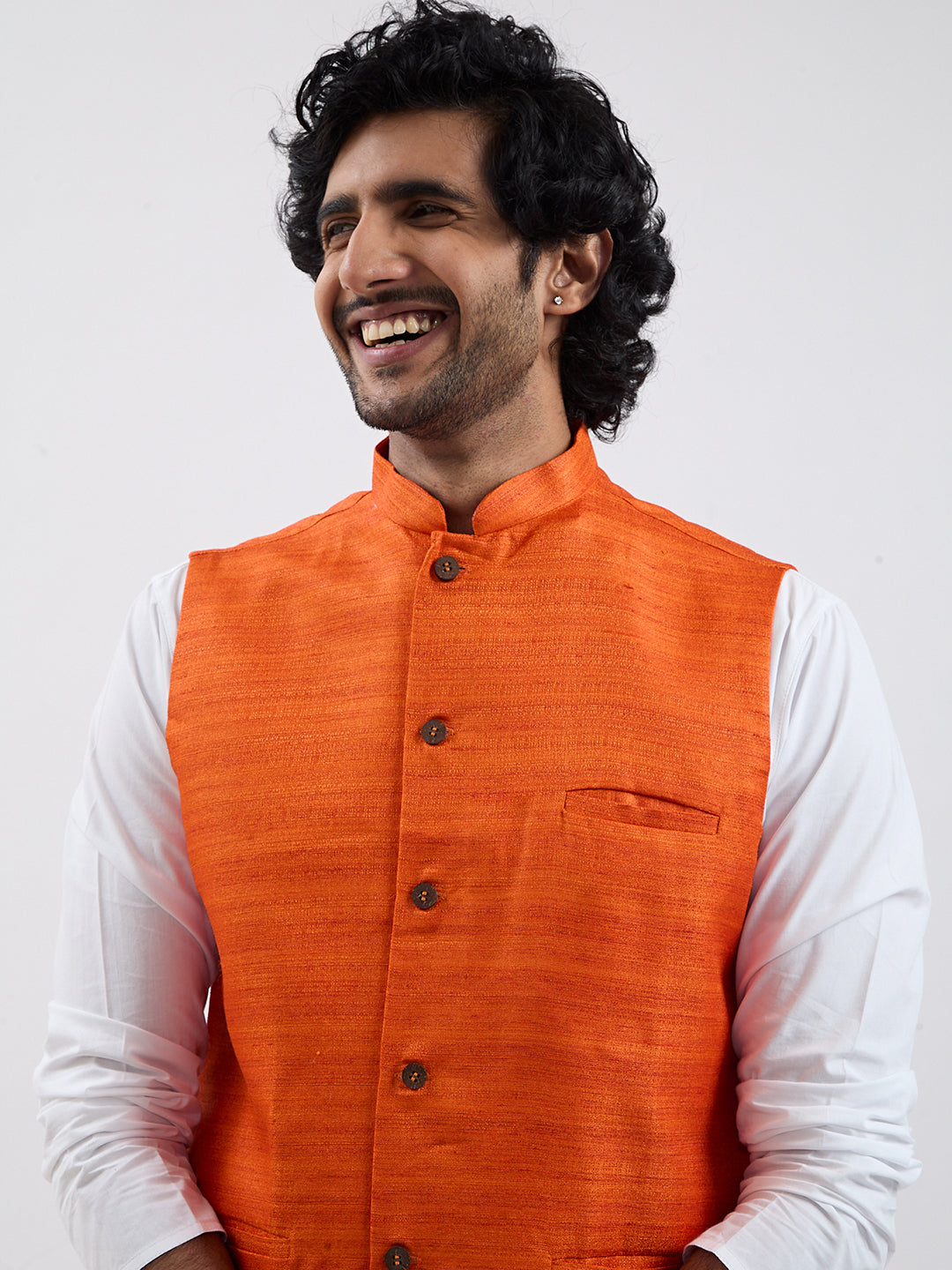 Men's Orange And White Cotton Blend Jacket, Kurta And Pyjama Set