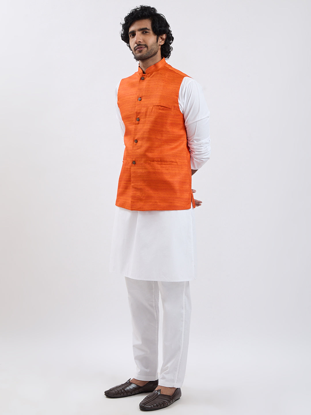 Men's Orange And White Cotton Blend Jacket, Kurta And Pyjama Set
