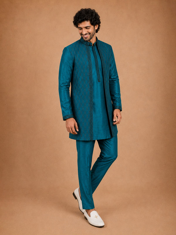 Men Turquoise Silk Blend Nehru Jacket and Kurta with Pyjama Casual, Festive, Onam, Navratri, Janmastami Ethnic Wear