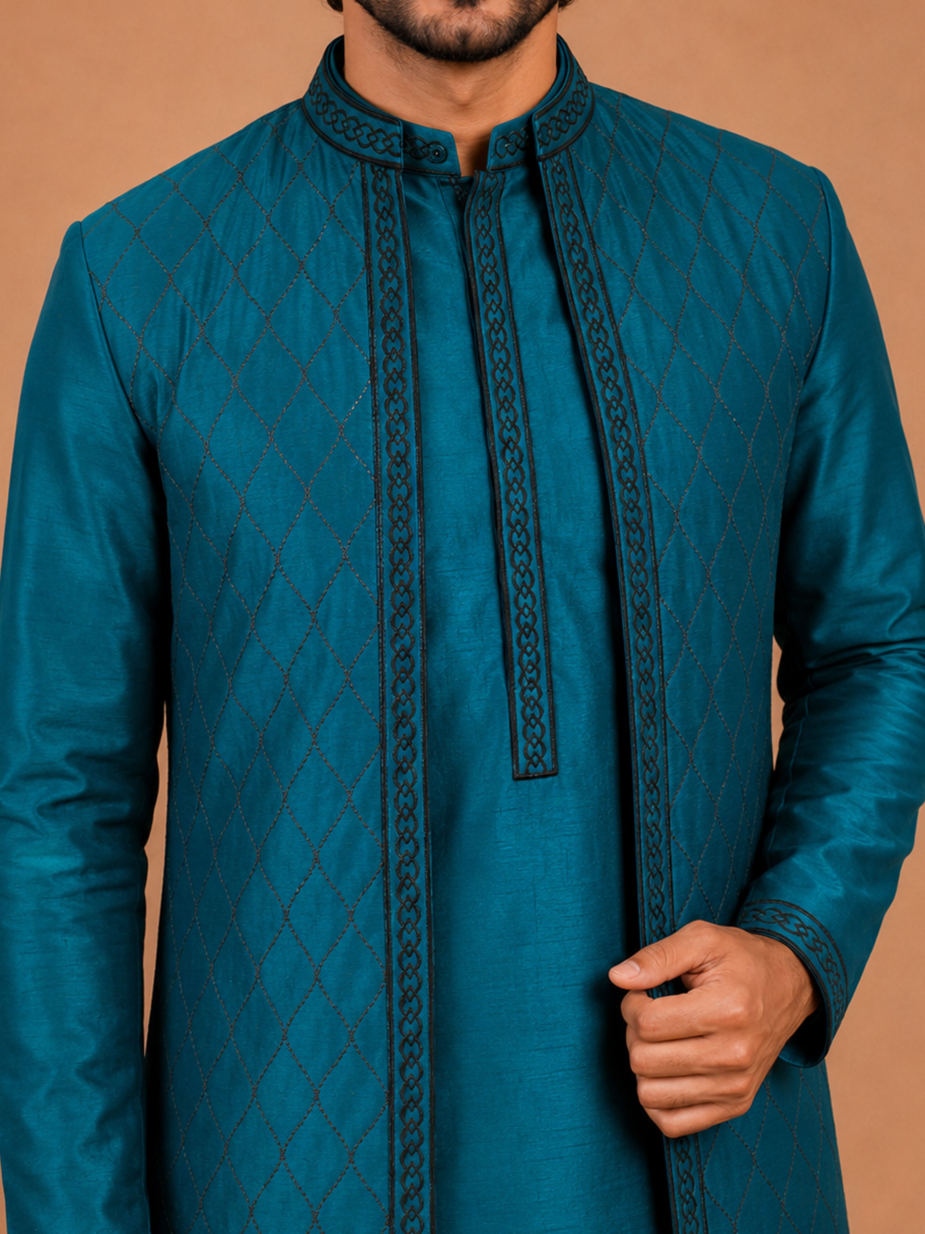 Men's Turquoise Silk-Blend Embroidered Thigh Length Nehru Jacket and Kurta with Pyjama