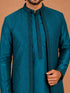 Men's Turquoise Silk-Blend Embroidered Thigh Length Nehru Jacket and Kurta with Pyjama