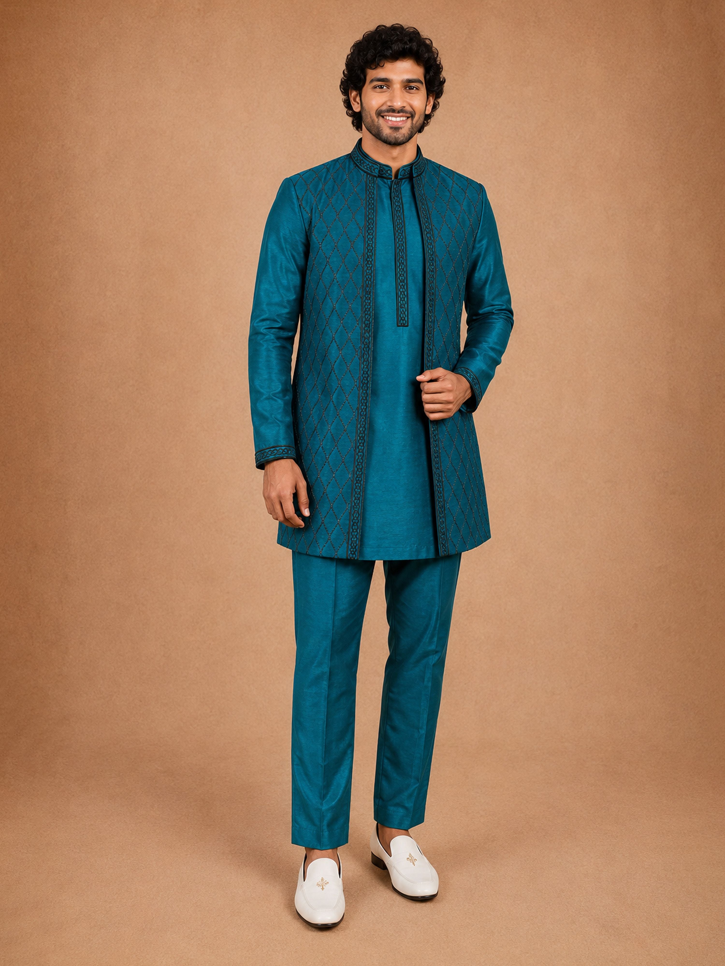 Men's Turquoise Silk-Blend Embroidered Thigh Length Nehru Jacket and Kurta with Pyjama