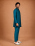 Men's Turquoise Silk-Blend Embroidered Thigh Length Nehru Jacket and Kurta with Pyjama