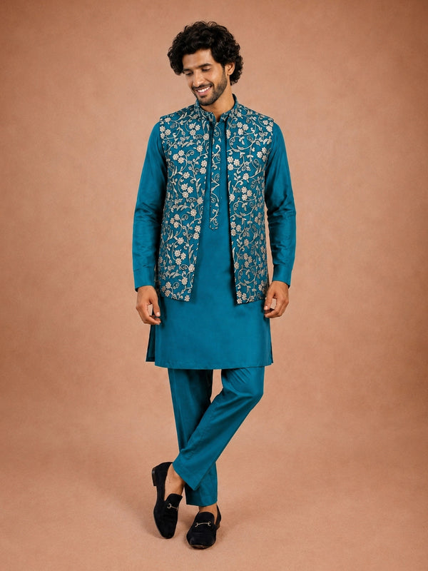 Men Turquoise Silk Blend Nehru Jacket and Kurta with Pyjama Diwali, Festive, Navratri, Party, Wedding, All regions Ethnic Wear