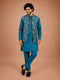 Men Turquoise Silk Blend Nehru Jacket and Kurta with Pyjama Diwali, Festive, Navratri, Party, Wedding, All regions Ethnic Wear