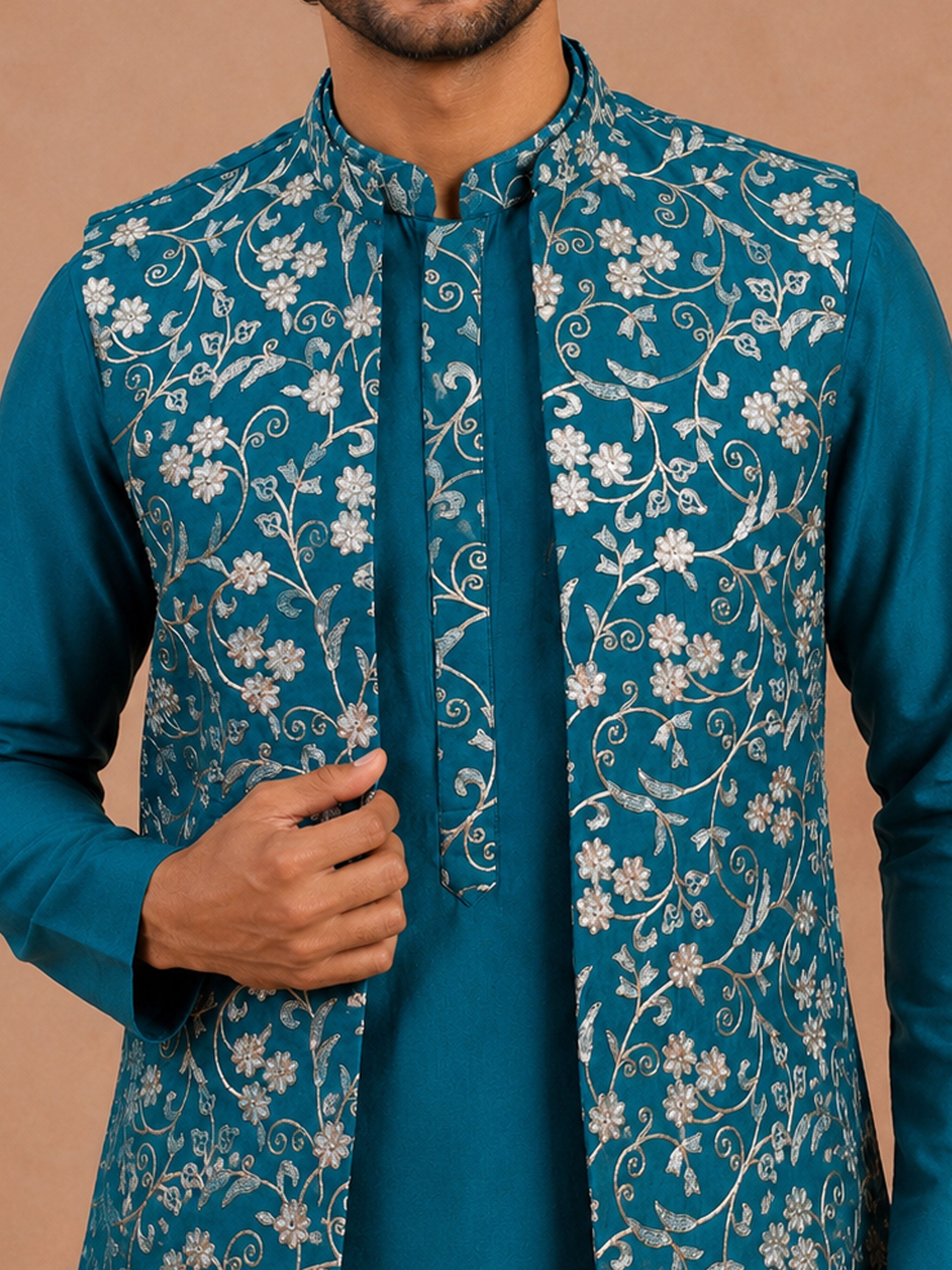 Men's Turquoise Silk-Blend Embroidered Waist Length Nehru Jacket and Kurta with Pyjama