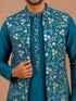 Men's Turquoise Silk-Blend Embroidered Waist Length Nehru Jacket and Kurta with Pyjama