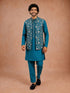 Men's Turquoise Silk-Blend Embroidered Waist Length Nehru Jacket and Kurta with Pyjama
