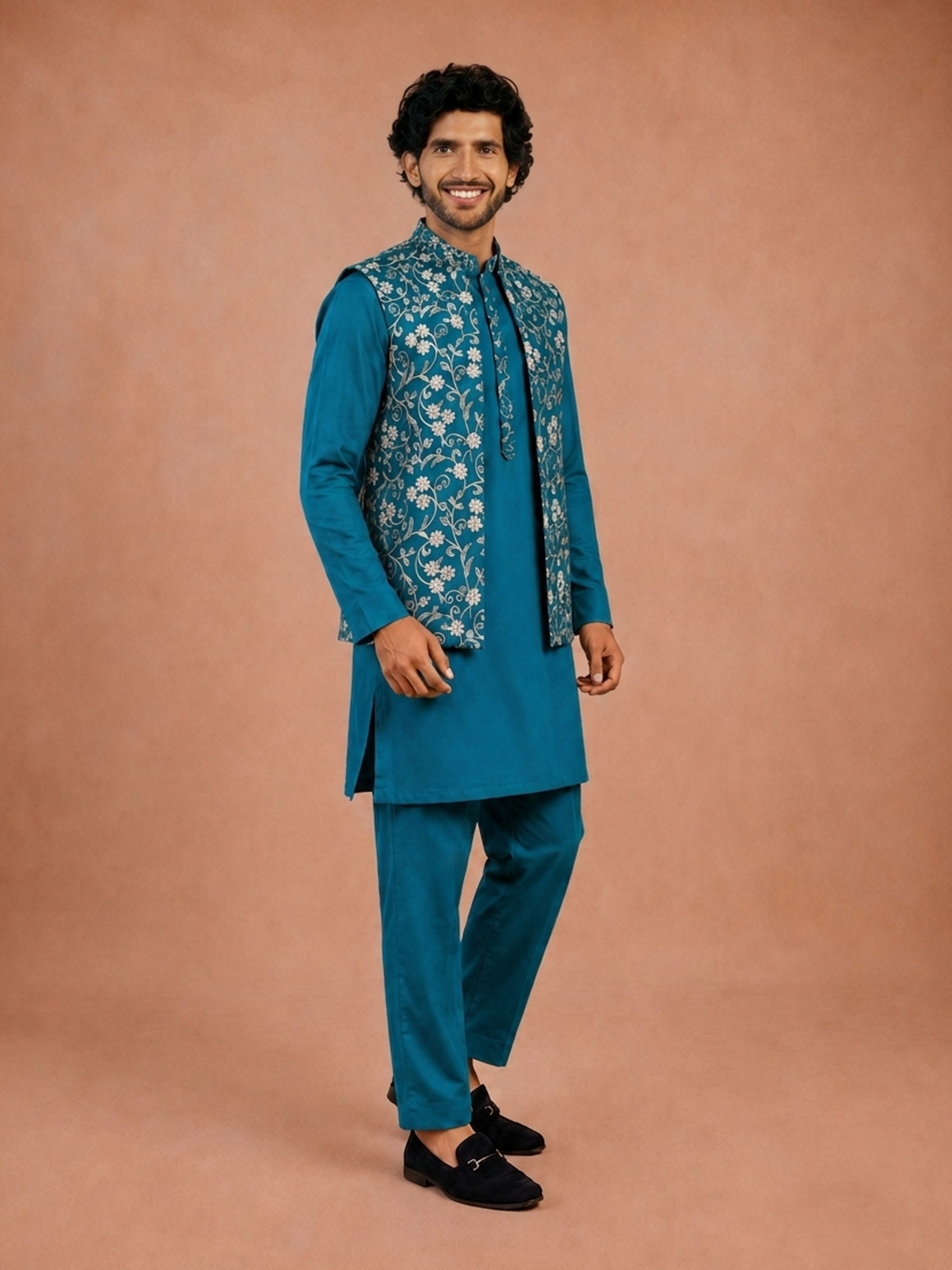 Men's Turquoise Silk-Blend Embroidered Waist Length Nehru Jacket and Kurta with Pyjama