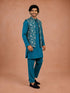 Men's Turquoise Silk-Blend Embroidered Waist Length Nehru Jacket and Kurta with Pyjama