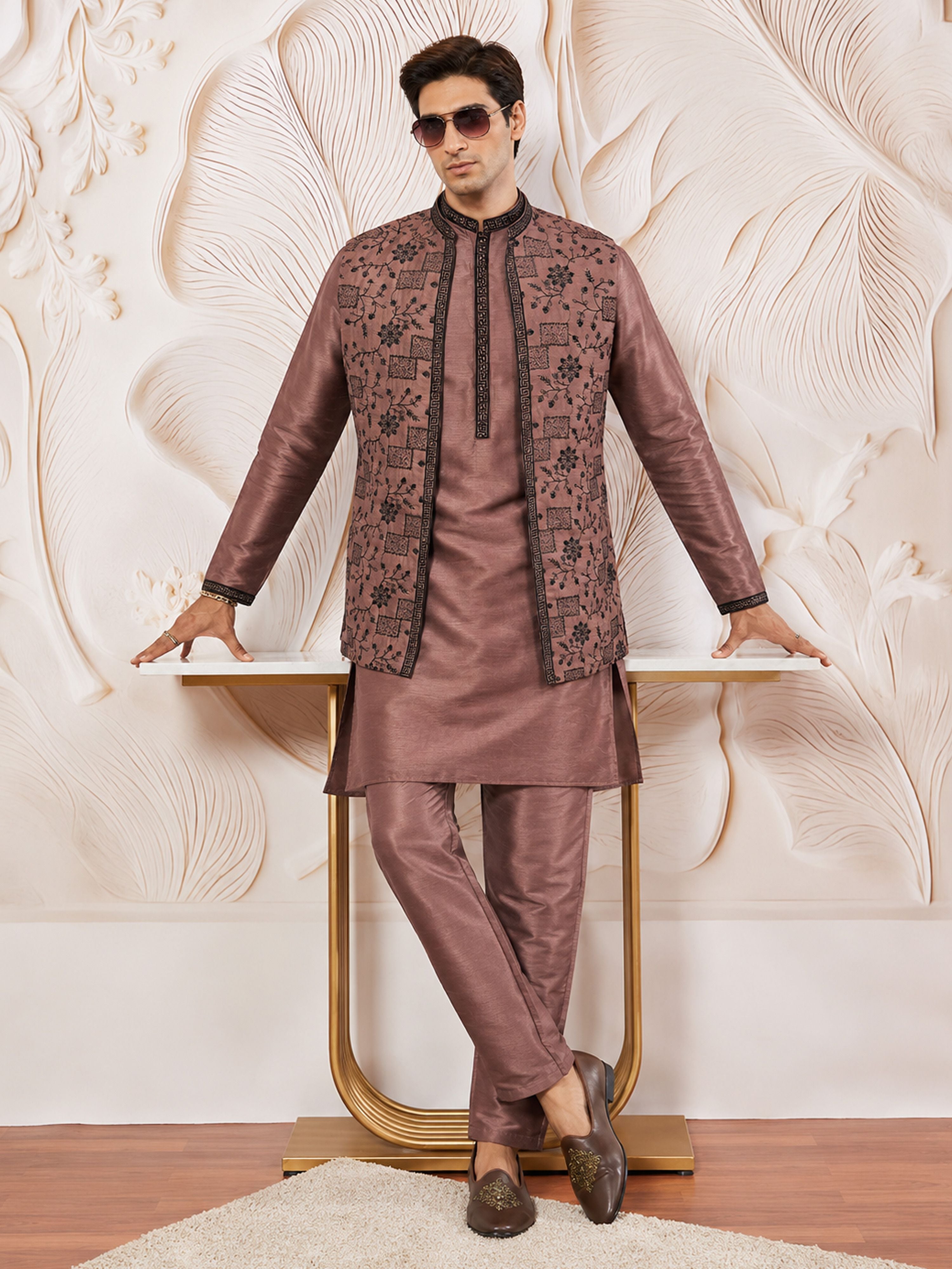 Men Brown Silk Blend Nehru Jacket and Kurta with Pyjama Navratri, Diwali, All regions, Festive Ethnic Wear