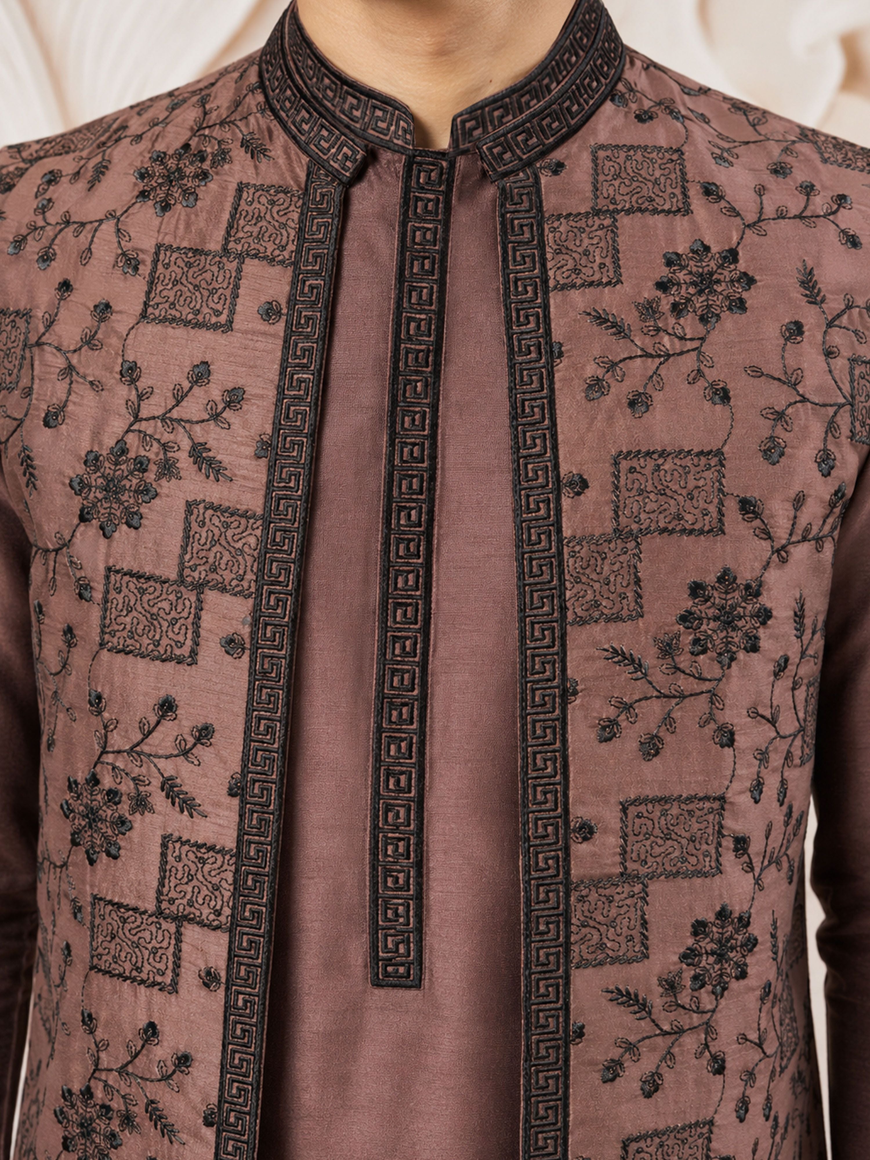 Men's Brown Silk-Blend Embroidered Waist Length Nehru Jacket and Kurta with Pyjama