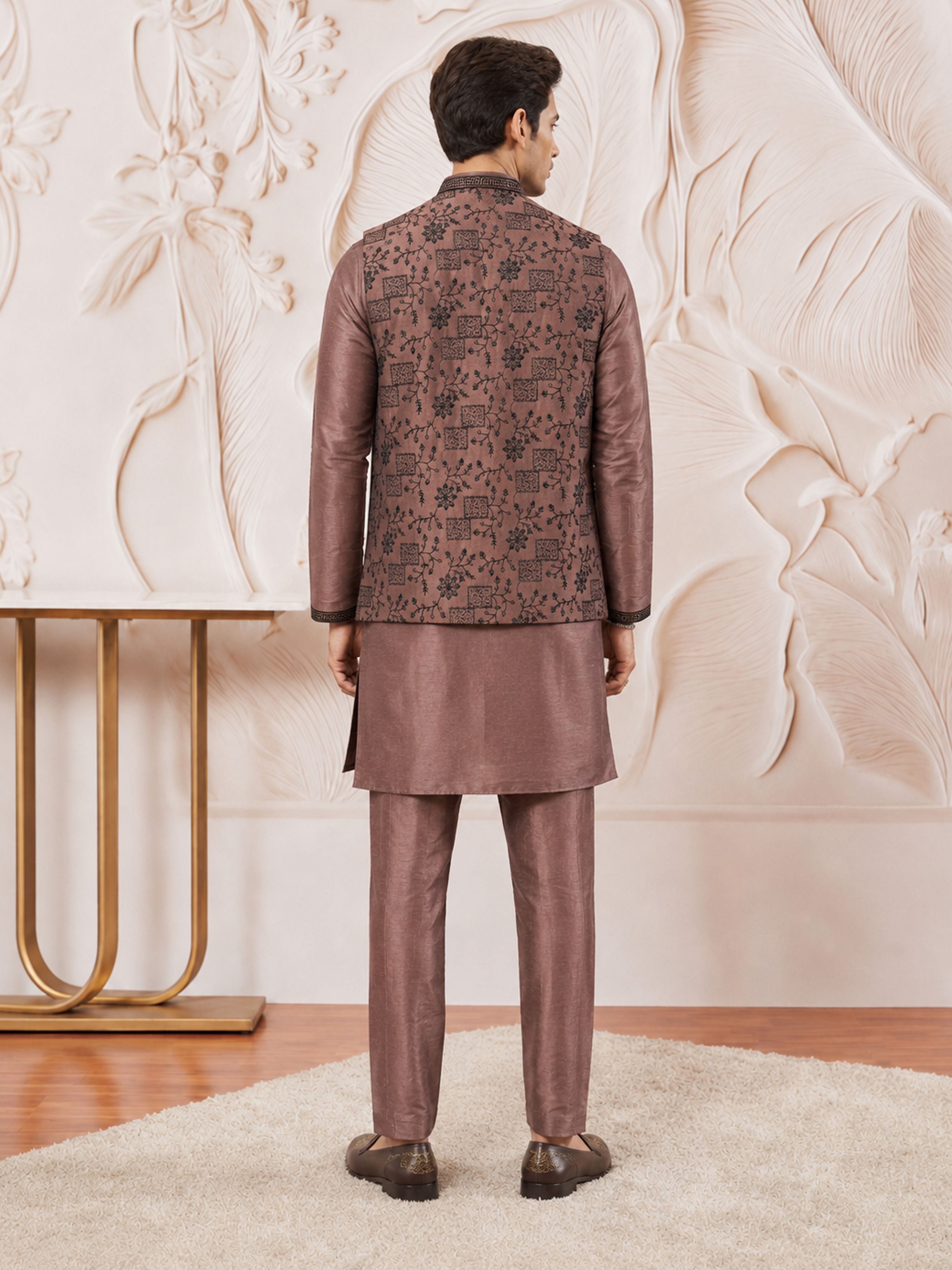 Men's Brown Silk-Blend Embroidered Waist Length Nehru Jacket and Kurta with Pyjama