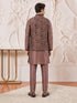 Men's Brown Silk-Blend Embroidered Waist Length Nehru Jacket and Kurta with Pyjama