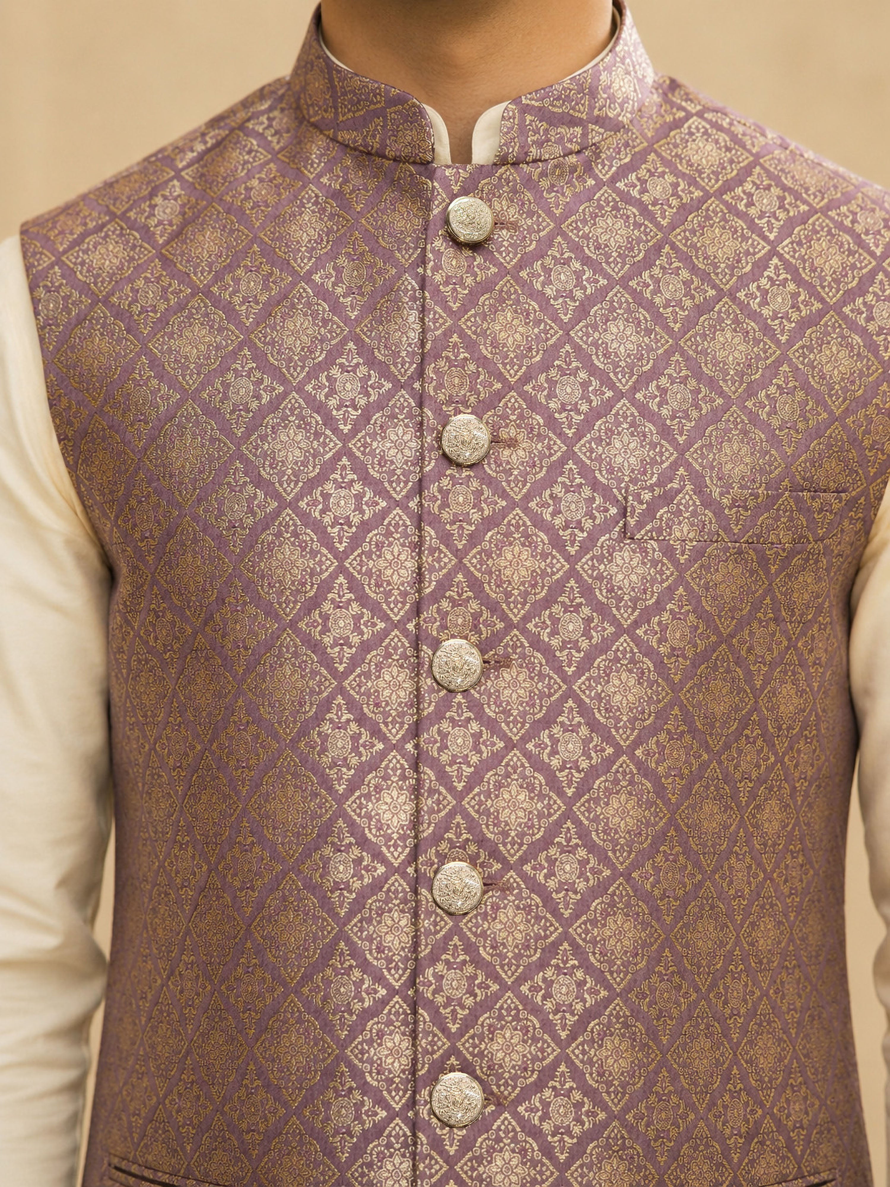 Vastramay Men Purple Jacquard Nehru Jacket with Cream Kurta & Pyjama Set