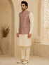 Vastramay Men Purple Jacquard Nehru Jacket with Cream Kurta & Pyjama Set