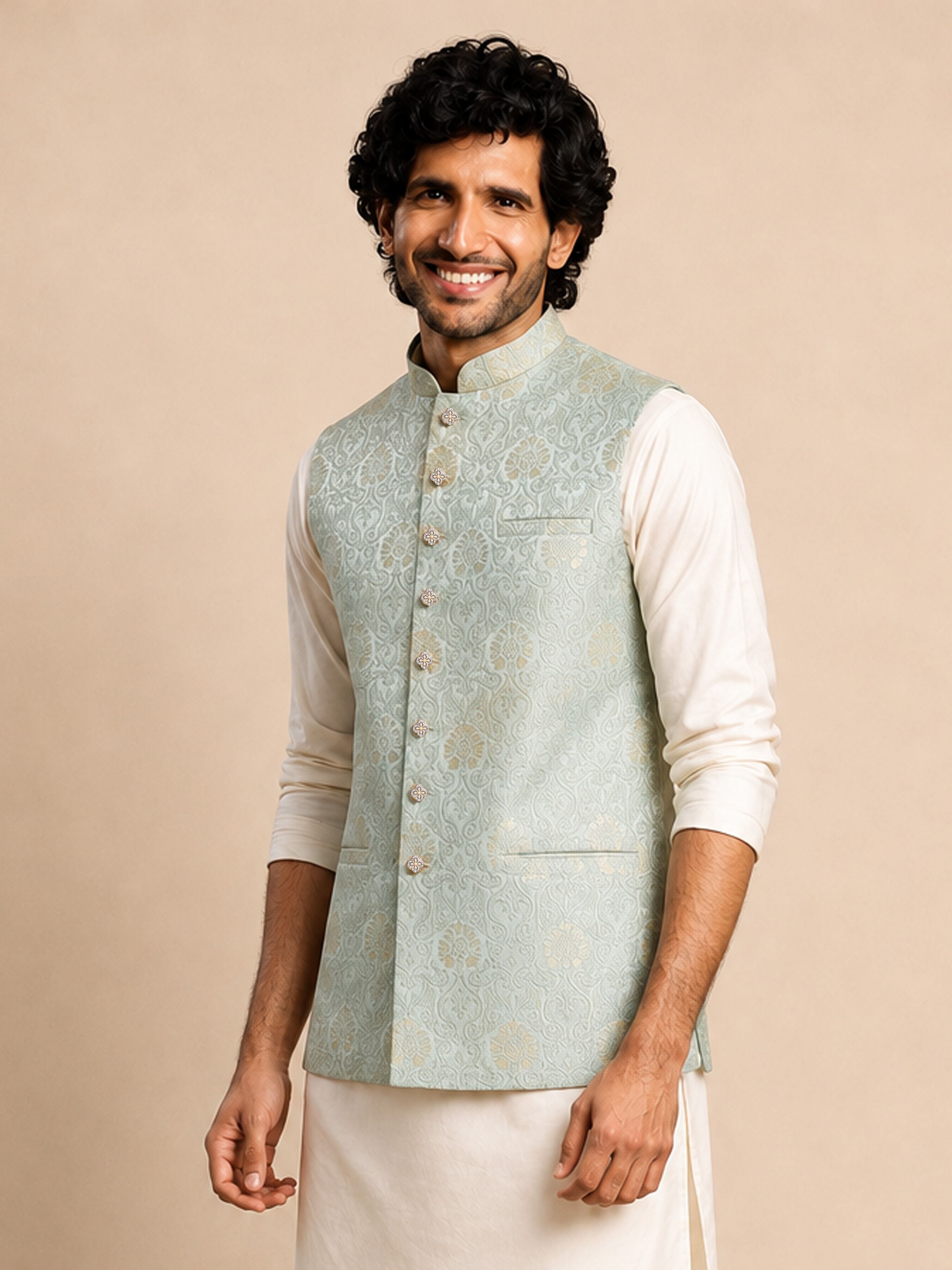 Men's Aqua Silk-Blend Self Design Waist Length Nehru Jacket