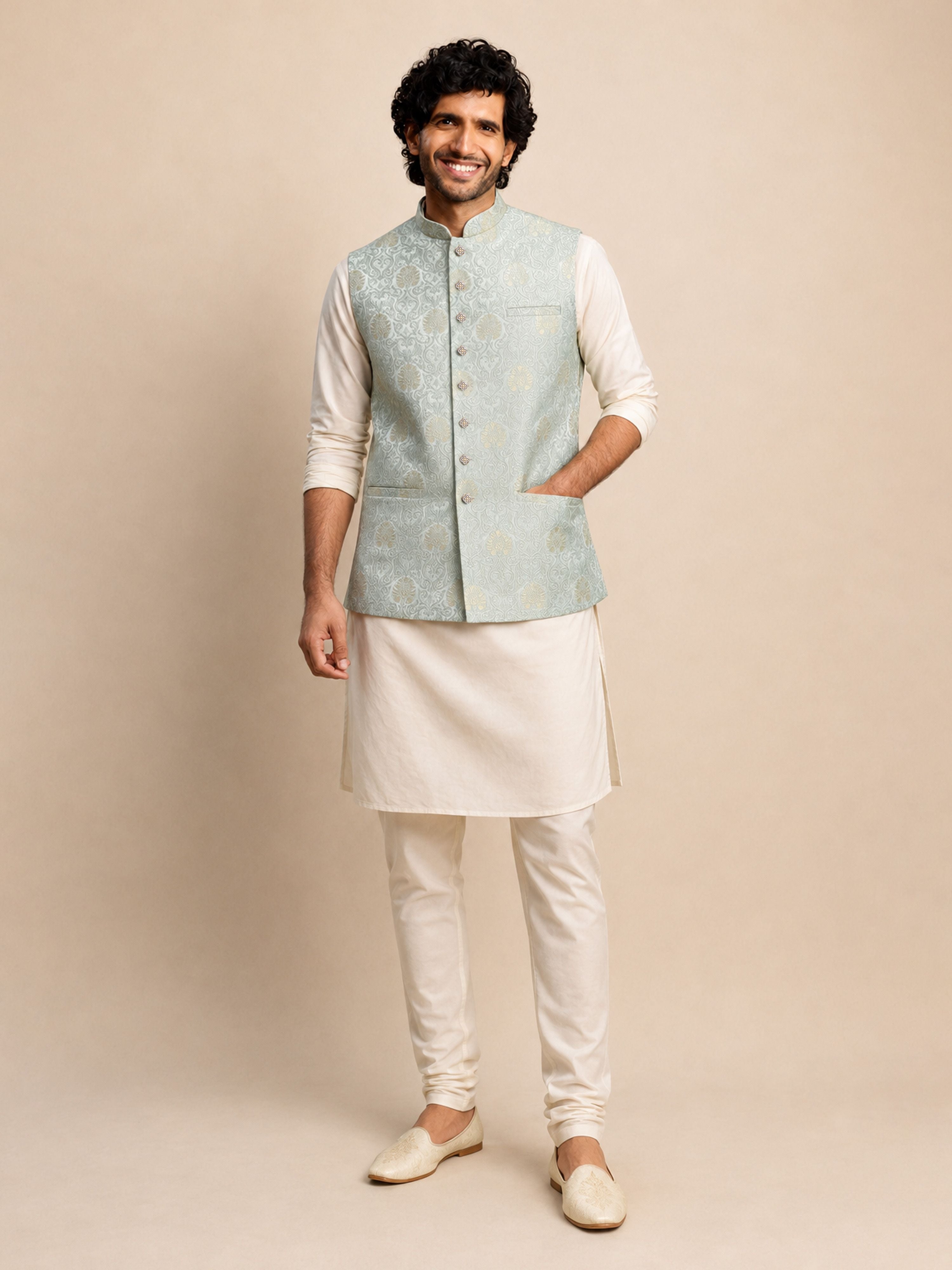 Men's Aqua Silk-Blend Self Design Waist Length Nehru Jacket
