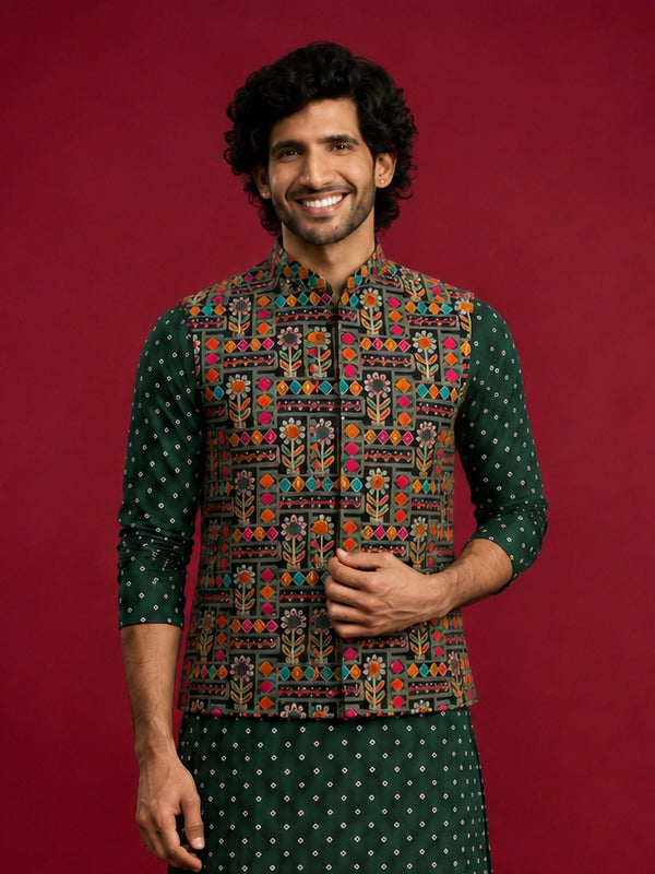 Men Black Silk Blend Nehru Jacket Navratri, Diwali, Party, Wedding, Festive Ethnic Wear