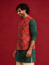Men's Red Silk-Blend Embroidered Waist Length Nehru Jacket