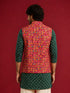 Men's Red Silk-Blend Embroidered Waist Length Nehru Jacket