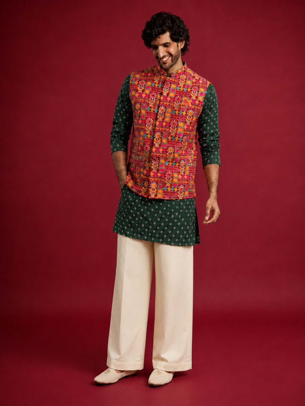 Men Red Silk Blend Nehru Jacket and Kurta with Pyjama Navratri, Diwali, Party, Wedding, Festive Ethnic Wear