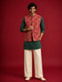 Men's Red Silk-Blend Embroidered Waist Length Nehru Jacket and Kurta with Pyjama