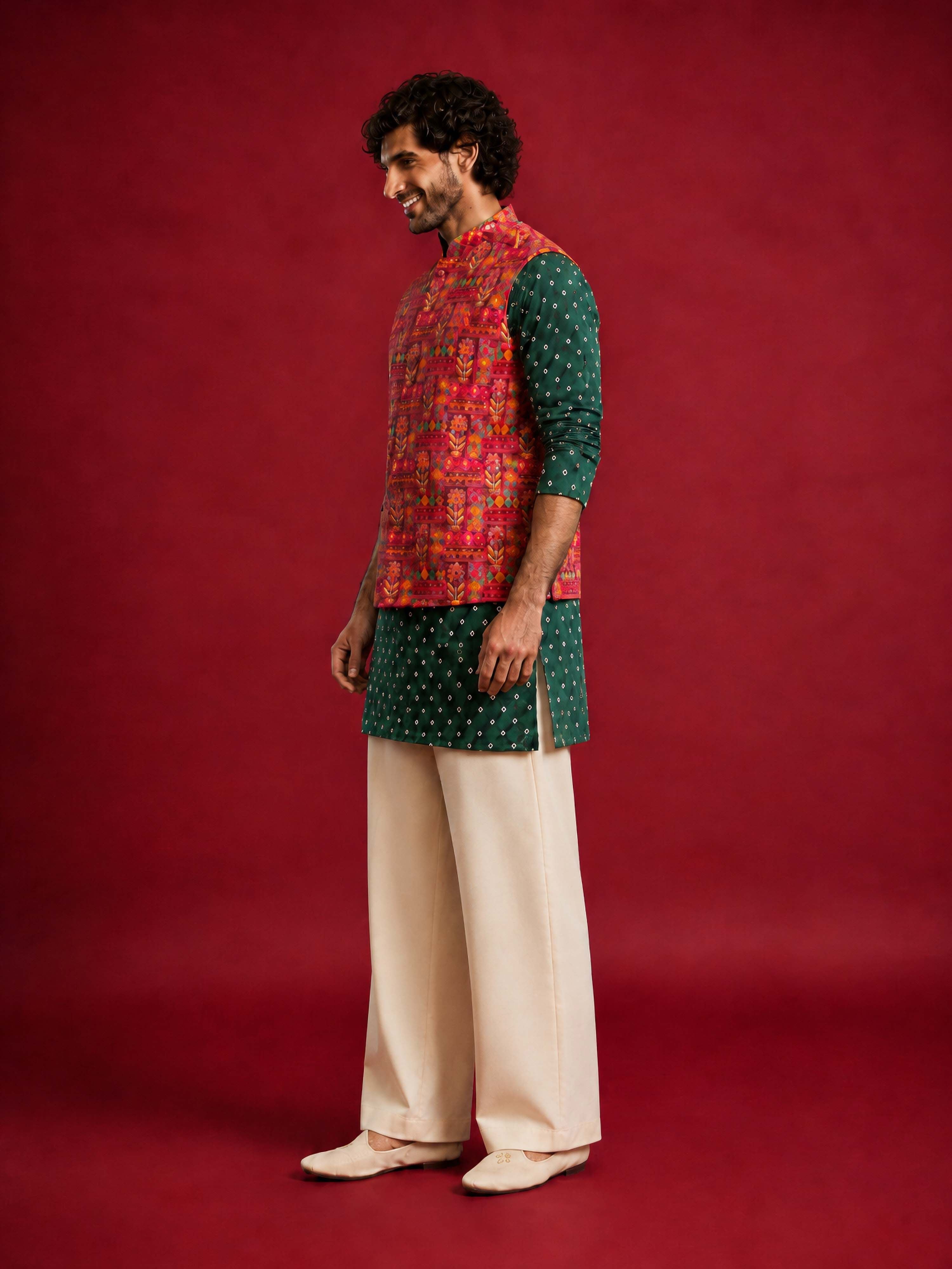 Men's Red Silk-Blend Embroidered Waist Length Nehru Jacket and Kurta with Pyjama