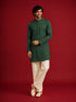 Men's Red Silk-Blend Embroidered Waist Length Nehru Jacket and Kurta with Pyjama