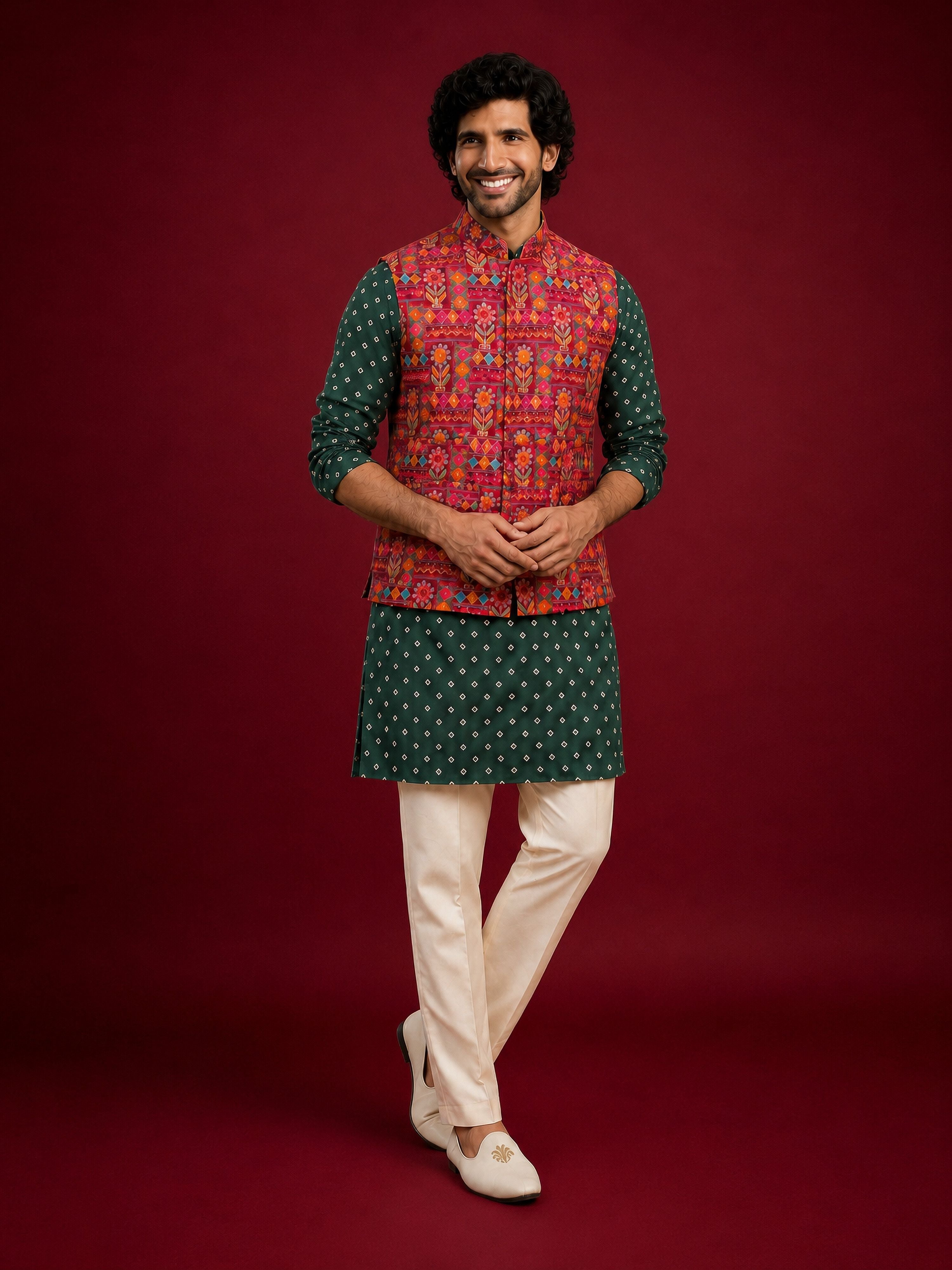 Men Red Silk Blend Nehru Jacket and Kurta with Pyjama Navratri, Diwali, Party, Wedding, Festive Ethnic Wear