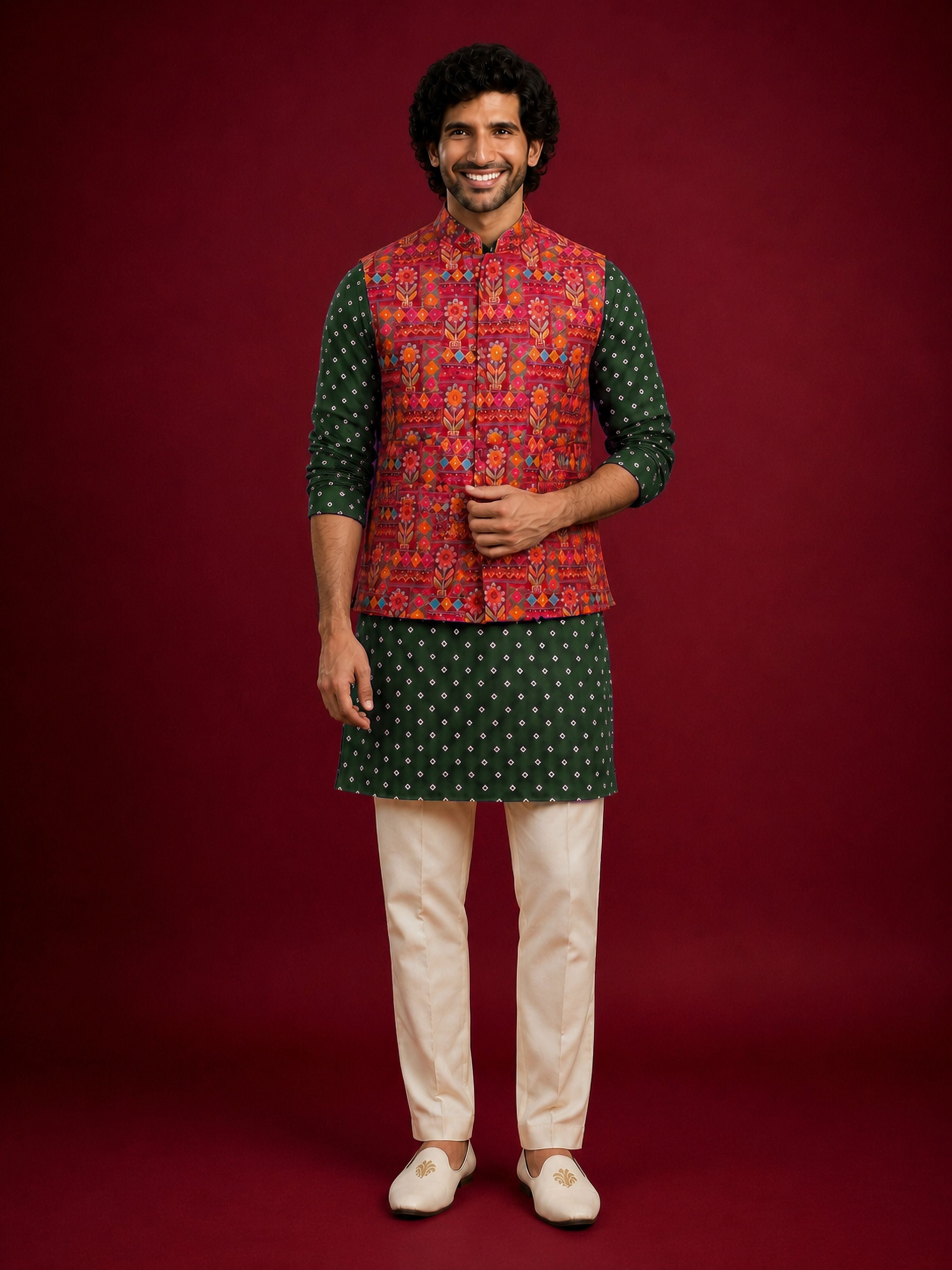 Men's Red Silk-Blend Embroidered Waist Length Nehru Jacket and Kurta with Pyjama