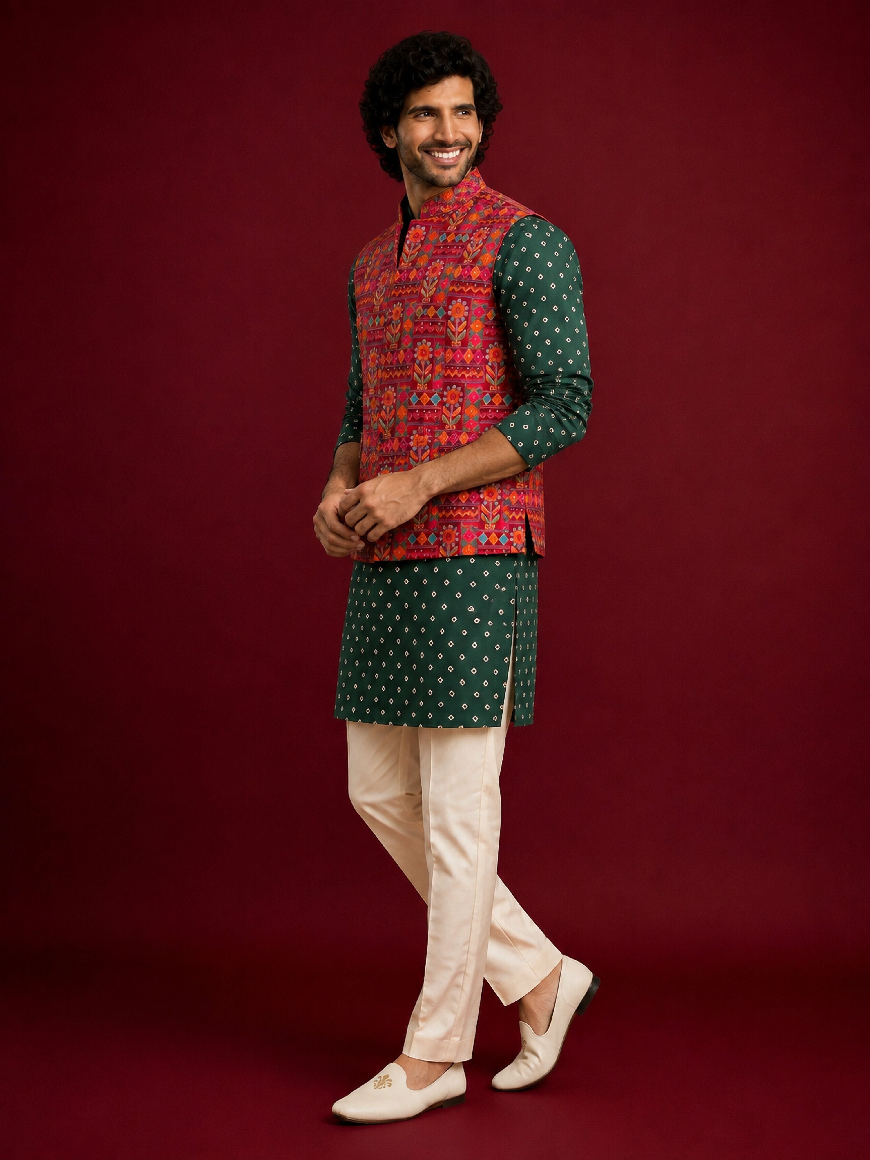 Men's Red Silk-Blend Embroidered Waist Length Nehru Jacket and Kurta with Pyjama