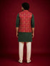 Men's Red Silk-Blend Embroidered Waist Length Nehru Jacket and Kurta with Pyjama
