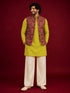 Men Red Silk Blend Nehru Jacket and Kurta with Pyjama Navratri, Diwali, Party, Wedding, Festive Ethnic Wear