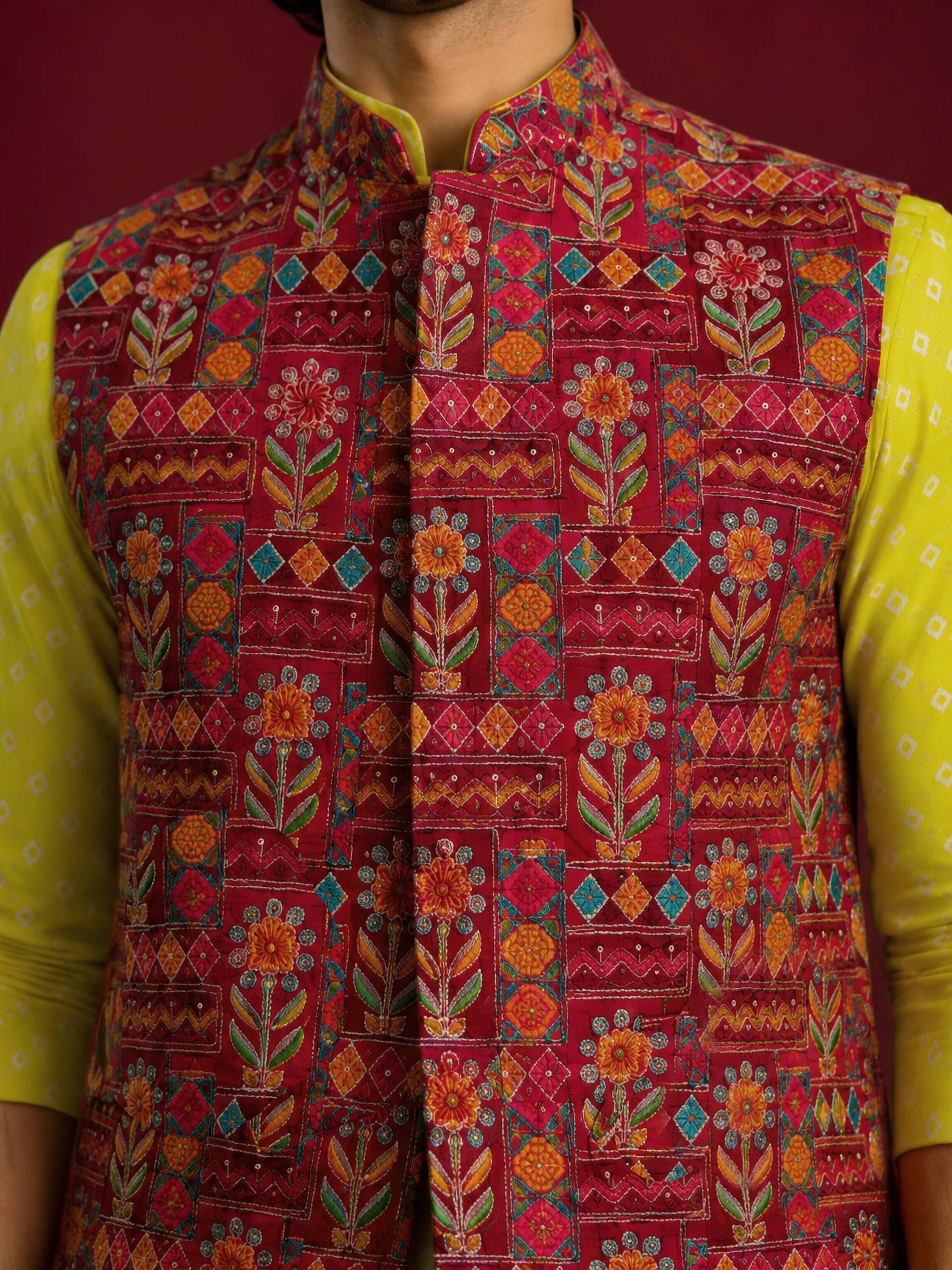 Men's Red Silk-Blend Embroidered Waist Length Nehru Jacket and Kurta with Pyjama