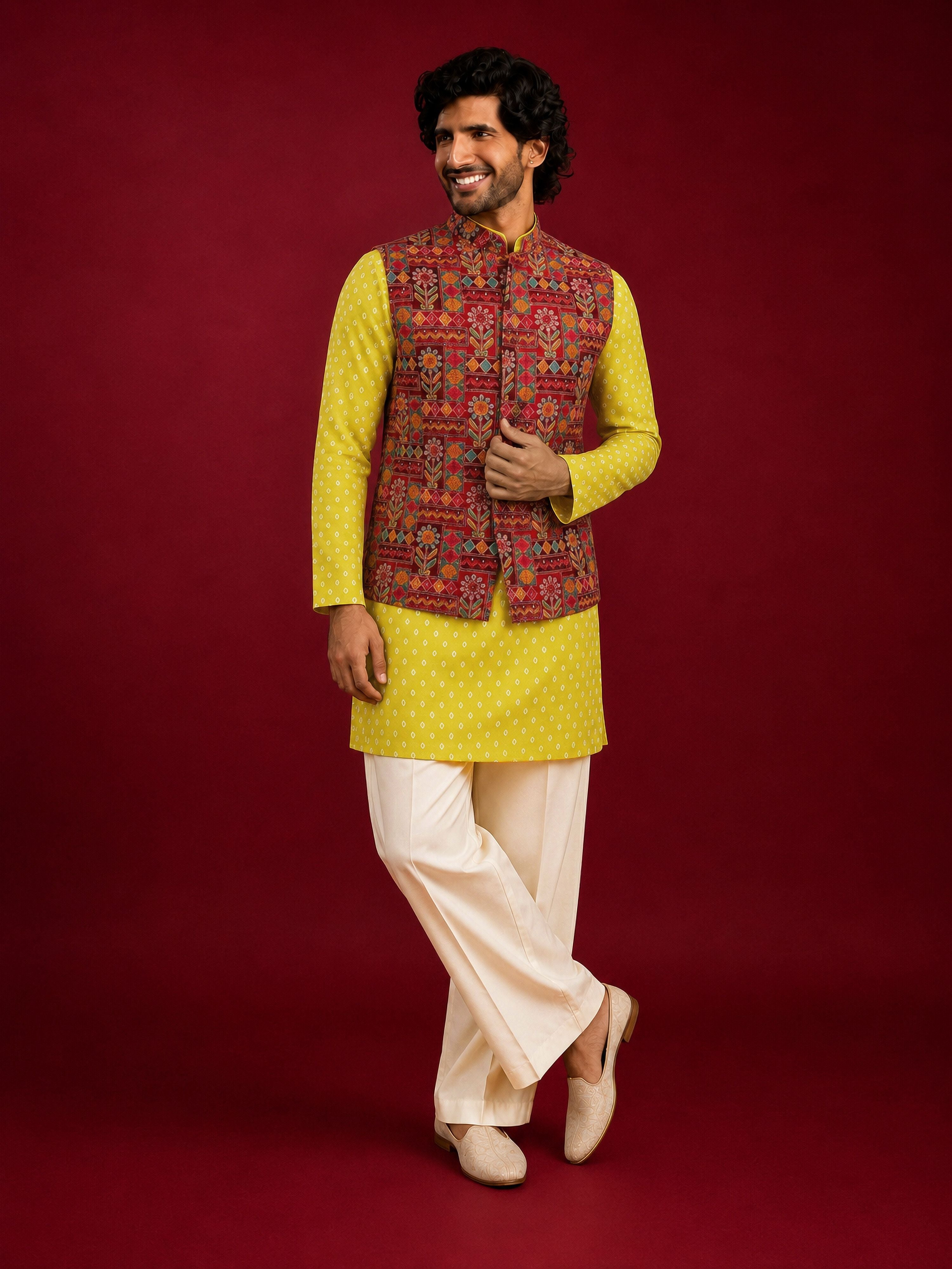 Men's Red Silk-Blend Embroidered Waist Length Nehru Jacket and Kurta with Pyjama
