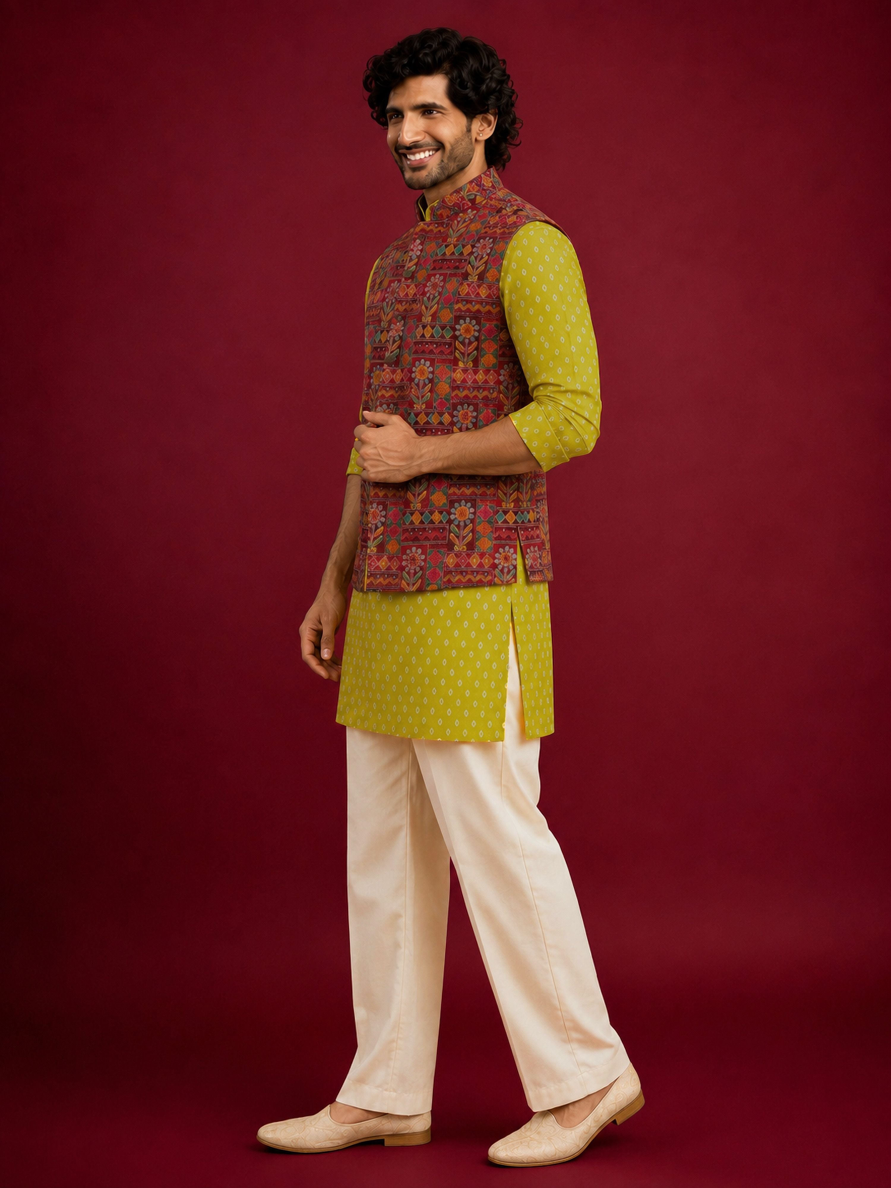 Men's Red Silk-Blend Embroidered Waist Length Nehru Jacket and Kurta with Pyjama