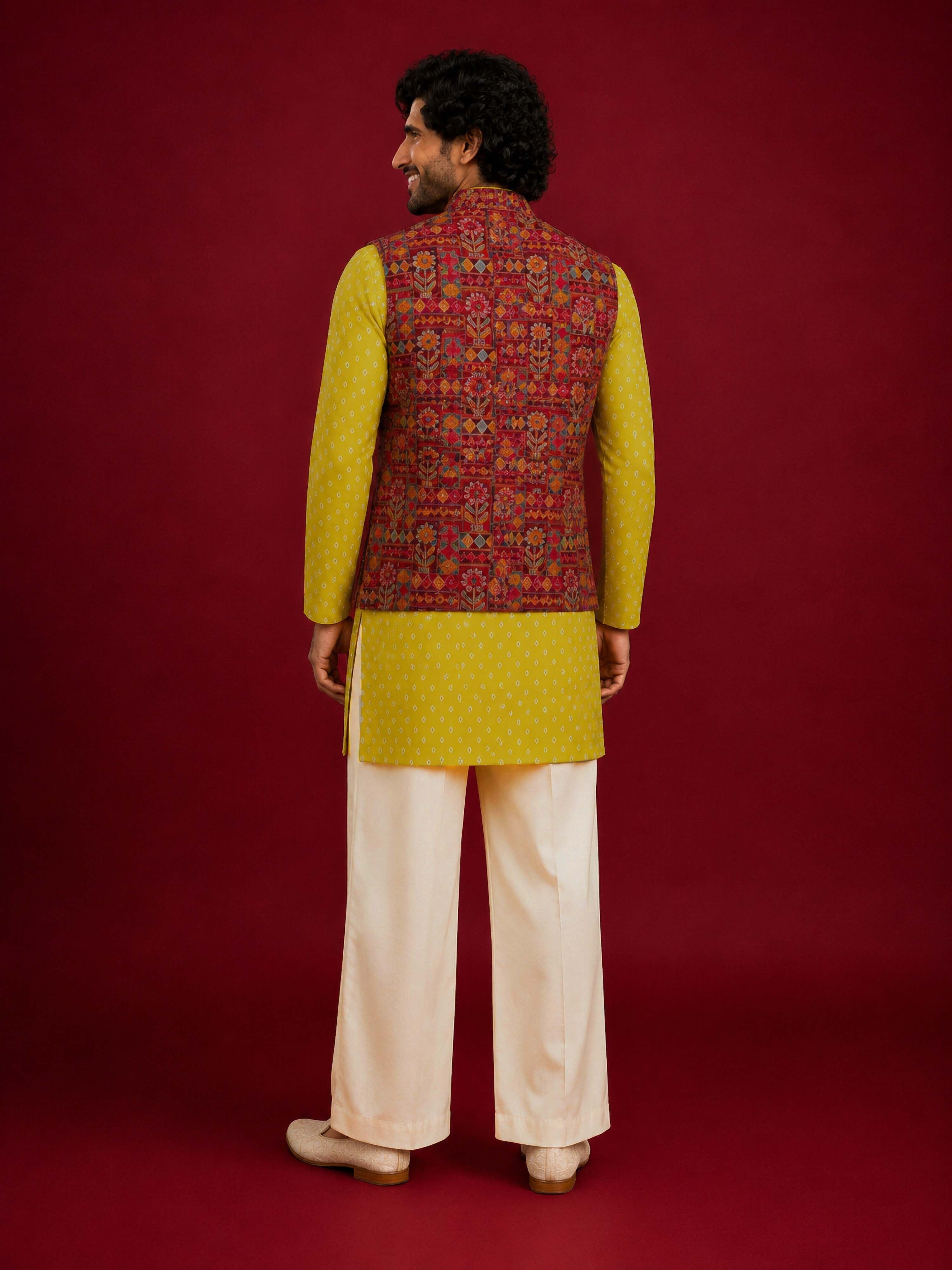 Men's Red Silk-Blend Embroidered Waist Length Nehru Jacket and Kurta with Pyjama