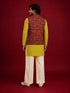 Men's Red Silk-Blend Embroidered Waist Length Nehru Jacket and Kurta with Pyjama