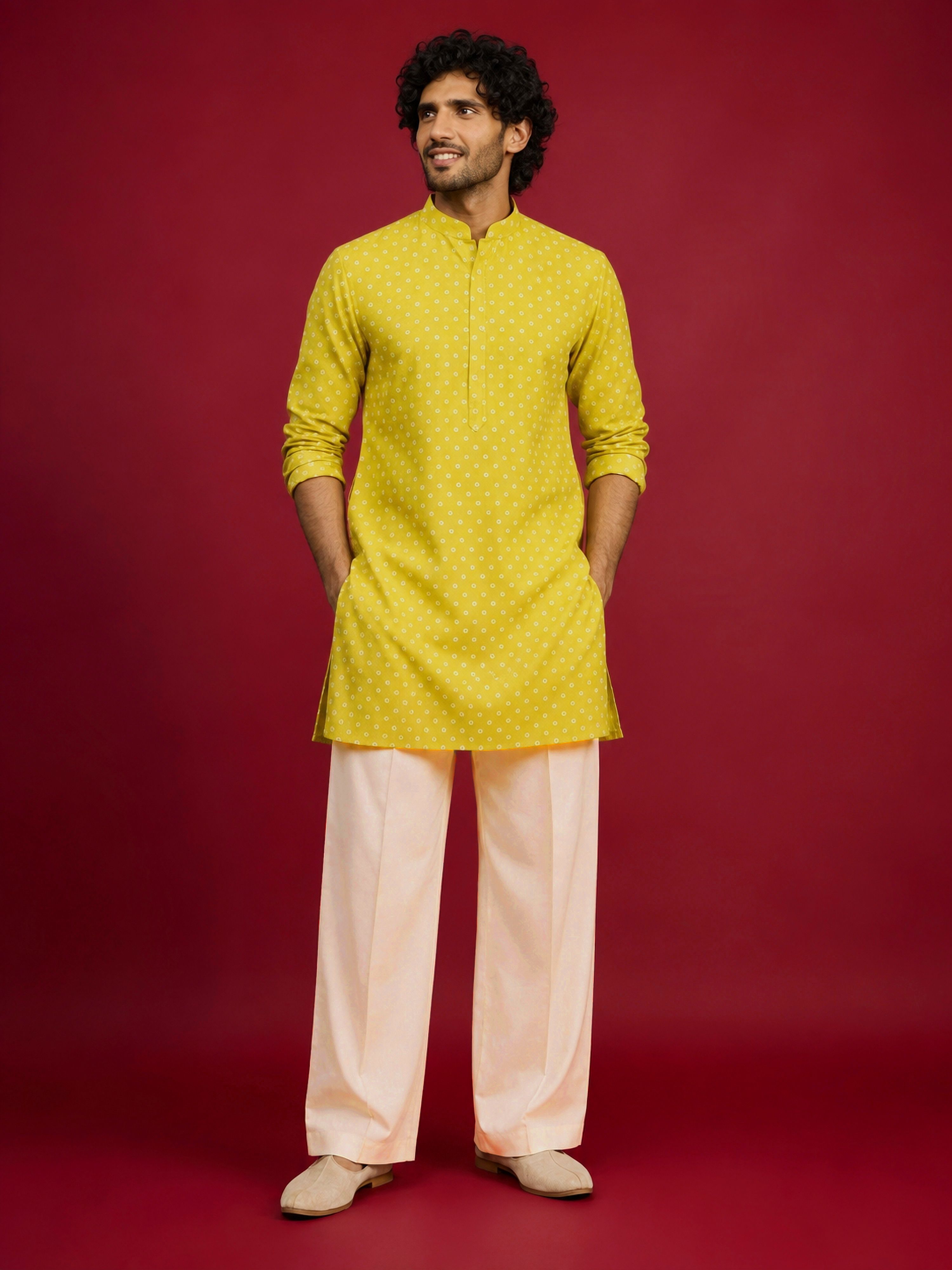 Men's Red Silk-Blend Embroidered Waist Length Nehru Jacket and Kurta with Pyjama
