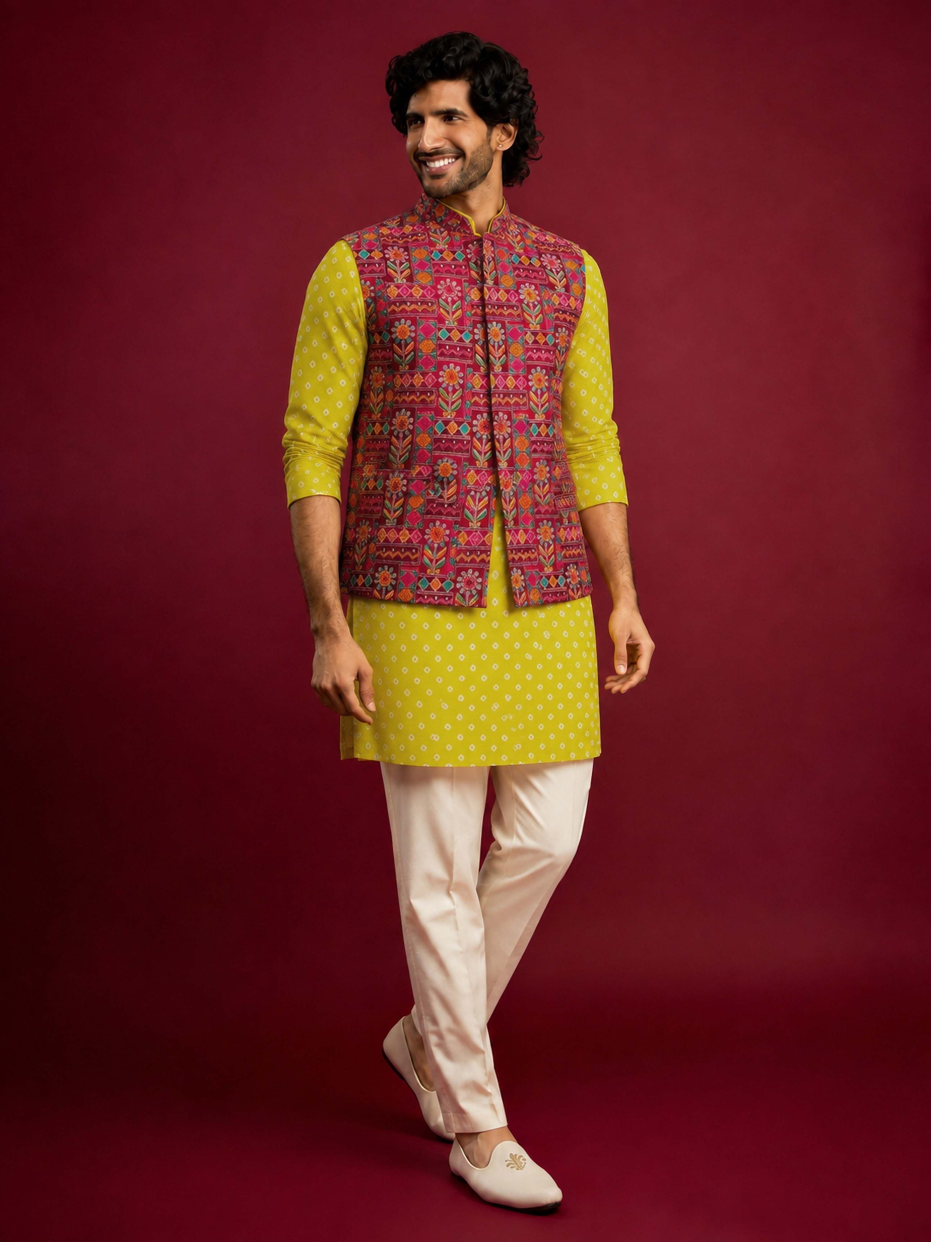 Men Red Silk Blend Nehru Jacket and Kurta with Pyjama Navratri, Diwali, Party, Wedding, Festive Ethnic Wear