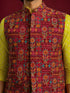 Men's Red Silk-Blend Embroidered Waist Length Nehru Jacket and Kurta with Pyjama