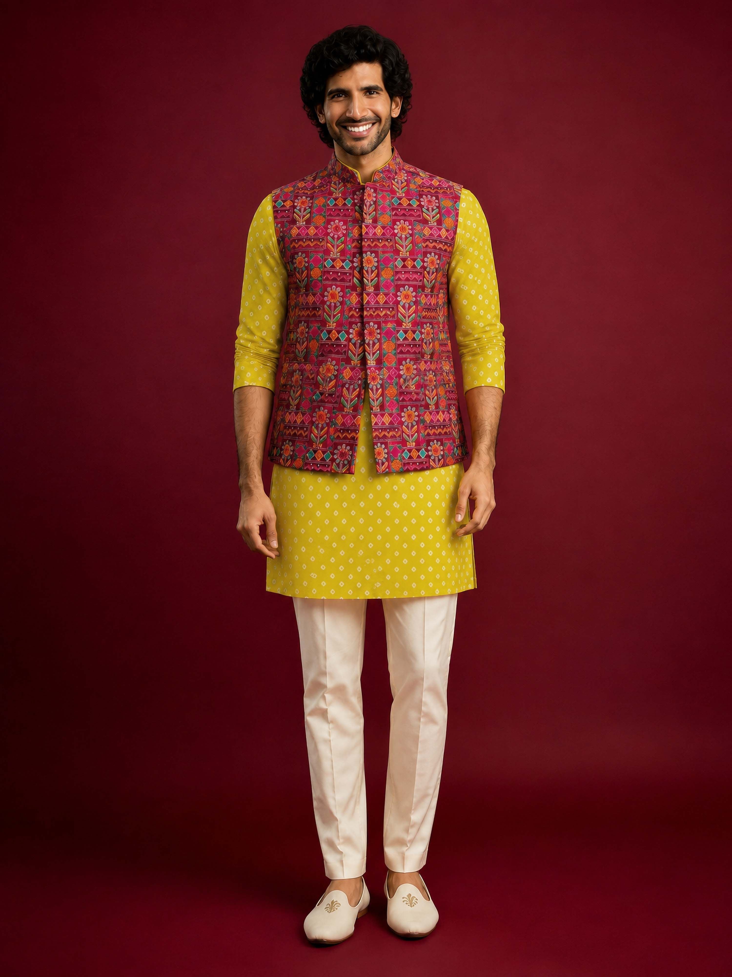 Men's Red Silk-Blend Embroidered Waist Length Nehru Jacket and Kurta with Pyjama