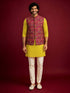Men's Red Silk-Blend Embroidered Waist Length Nehru Jacket and Kurta with Pyjama