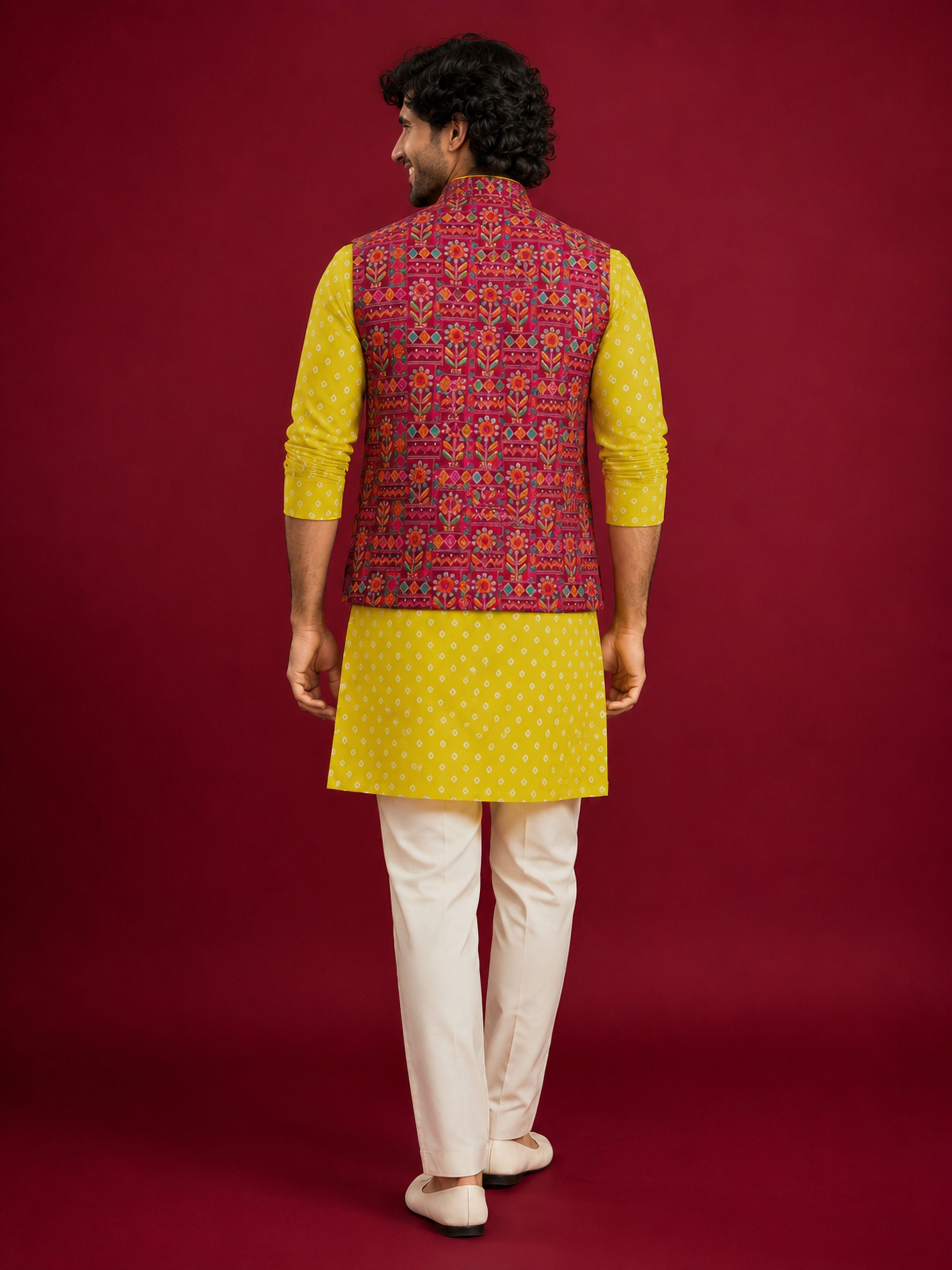 Men's Red Silk-Blend Embroidered Waist Length Nehru Jacket and Kurta with Pyjama