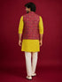 Men's Red Silk-Blend Embroidered Waist Length Nehru Jacket and Kurta with Pyjama