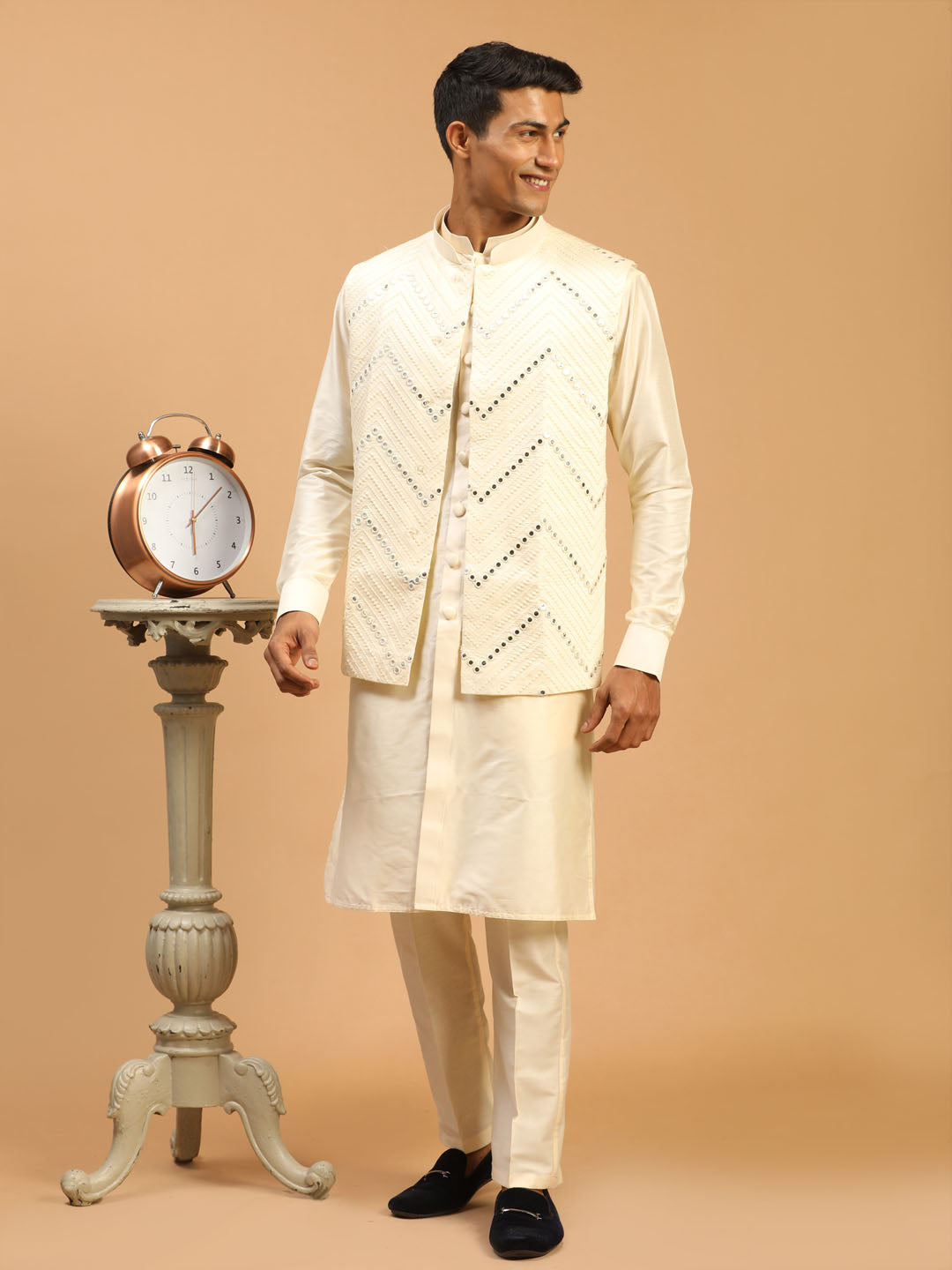 Men Cream Mirror Work Nehru Jacket with Viscose Kurta & Pyjama Set